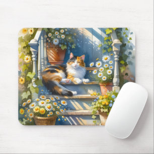 Mousepad Calico Cat no Floral Porch Cottagecore
