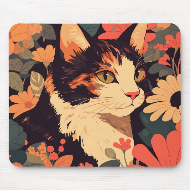 Mousepad Calico Cat no Jardim Floral (Frente)