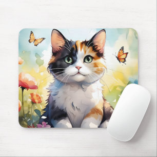 Mousepad Calico Cat no Jardim Primavera com Borboletas