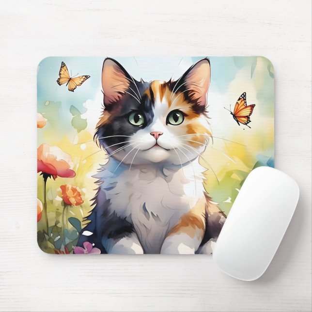Mousepad Calico Cat no Jardim Primavera com Borboletas (Com mouse)