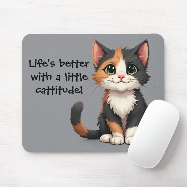 Mousepad Calico Kitten Whimsical com Cattitude (Com mouse)