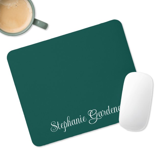 Mousepad Caligrafia Curly Verde Teal Escuro e Branco (Personalized Dark Teal Modern Mousepad)