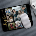 Mousepad Caligrafia moderna da família de colagens de fotos<br><div class="desc">Escrito à mão da família moderna e elegante,  com seis fotos personalizadas,  com o modelo do mouse com o teclado do mouse em ouro preto.               Observe que a cor de fundo pode ser alterada. Você pode substituir o preto por qualquer outra cor depois de selecionar a opção PERSONALIZAR.</div>