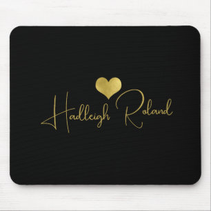 Mousepad Caligrafia Nome Monograma Coração Dourado Preto
