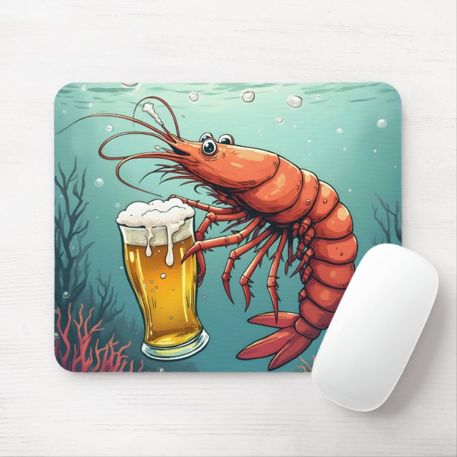 Mousepad Camarão segurando um copo de cerveja (Com mouse)