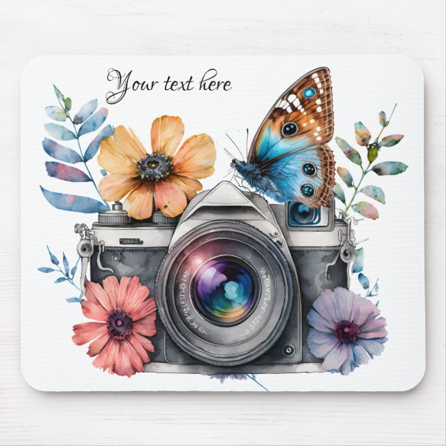 Mousepad Câmera de 35 mm com flores e borboletas (Frente)