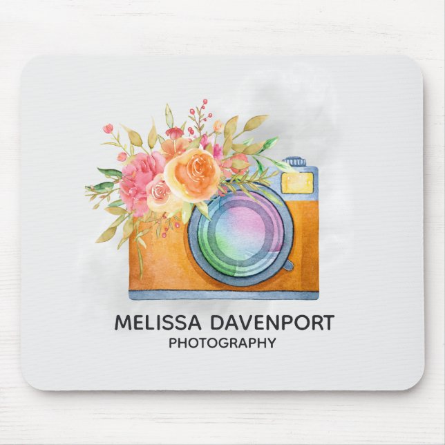 Mousepad Câmera Laranja Boho e Buquê Floral Aquarela (Frente)