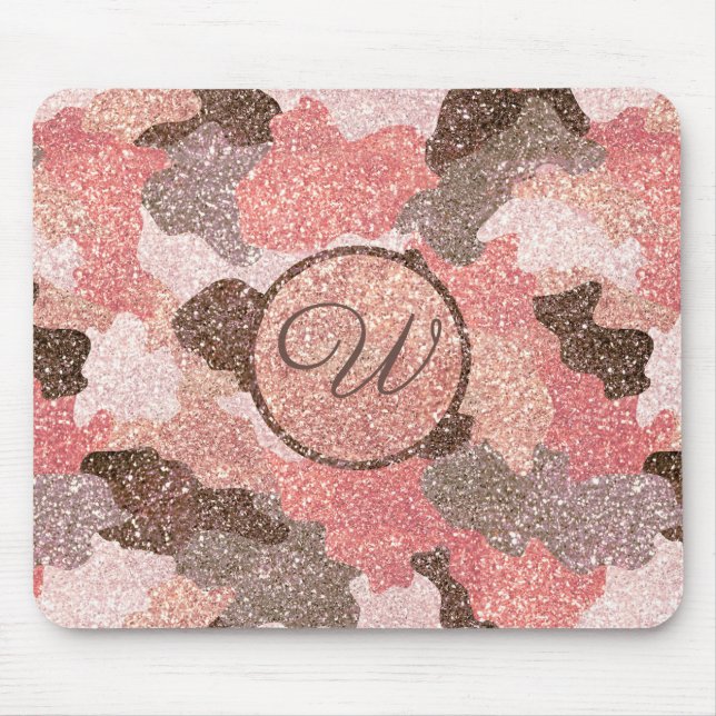 Mousepad Camouflage Glitter Camo Faux, rosa Dourado, Monogr (Frente)