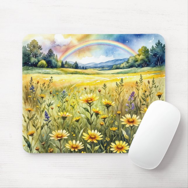 Mousepad Campo de Flores Silvestres com Arco-íris em Aquare (Com mouse)
