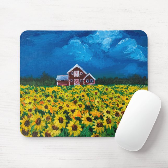 Mousepad campo de girassol de verão do celeiro vermelho do  (Com mouse)