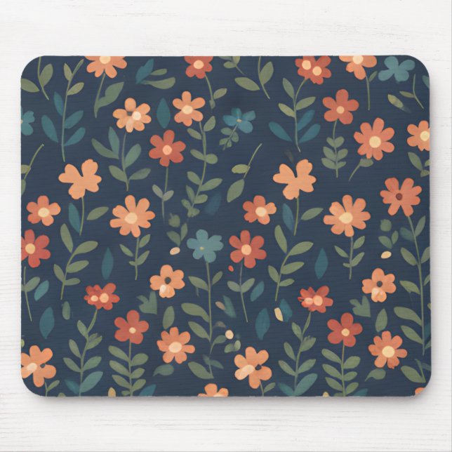 Mousepad Campo de Margarida de Ferrugem e Coral em Azul Mar (Frente)