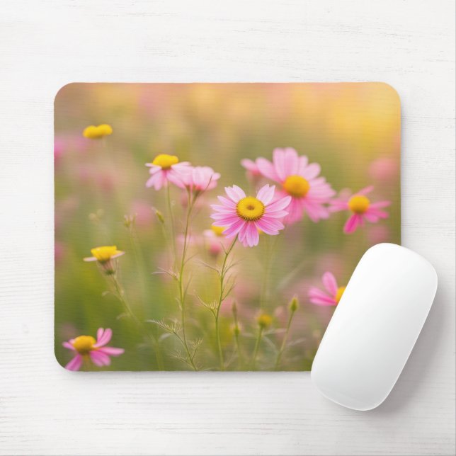 Mousepad Campo de margarida rosa silvestre (Com mouse)