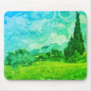 Mousepad Campo de trigo com ciprestes azul-esverdeado: