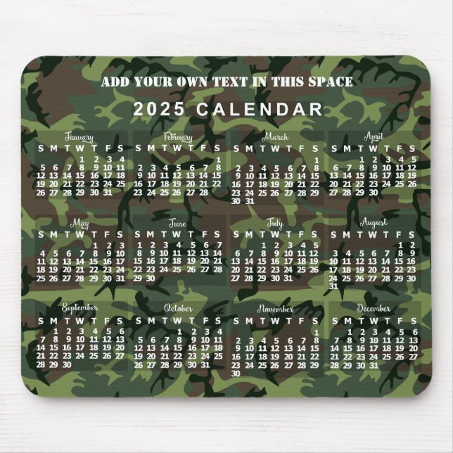 Mousepad Camuflagem de Calendário Mensal 2025 Camuflagem Ve (Frente)
