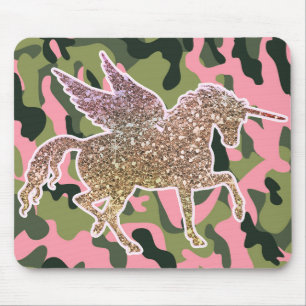 Mousepad Camuflagem verde rosa e Unicórnio brilhante Dourad