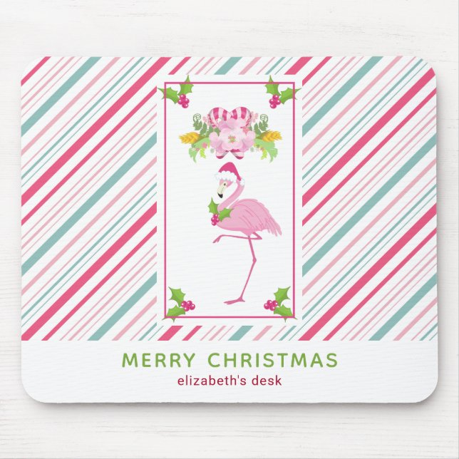 Mousepad Canas doces Flamingo Santa Hat, cor-de-rosa, e Hol (Frente)