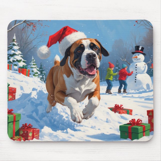 Mousepad Cane Corso Correndo na Neve com Chapéu de Natal (Frente)