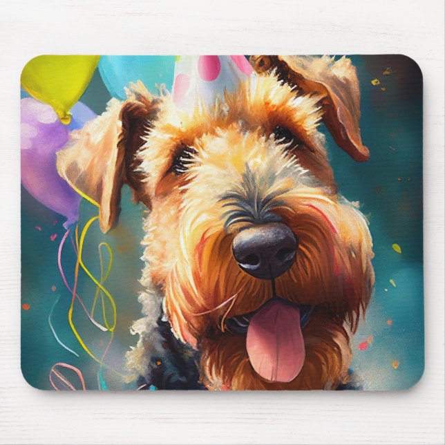 Mousepad Cão Airedale com chapéu de aniversário e balões (Frente)