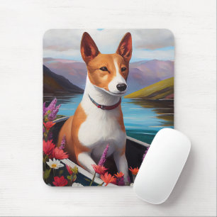 Mousepad Cão Basenji em uma Canoa: Uma Aventura Cênica