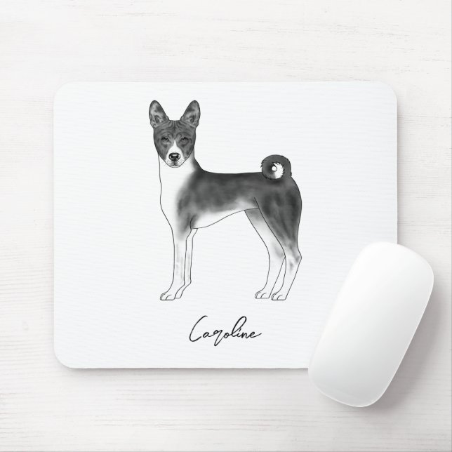 Mousepad Cão Basenji Preto e Branco com Nome Personalizado (Com mouse)