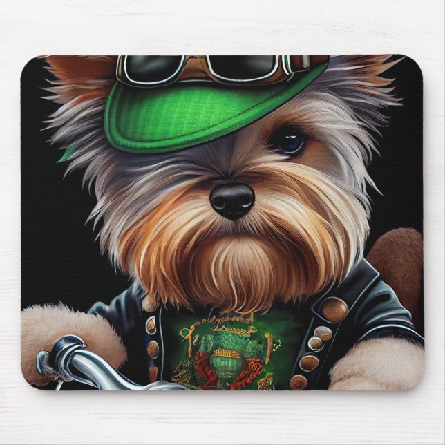 Mousepad Cão Biewer Terrier Dirigindo Bicicleta Dia de São  (Frente)