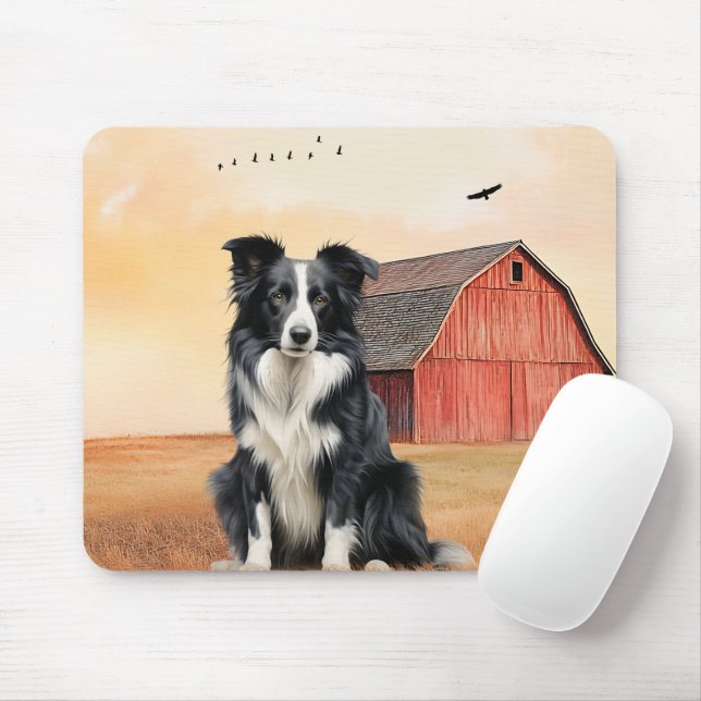Mousepad Cão Border Collie e Rancho do Celeiro Vermelho (Com mouse)
