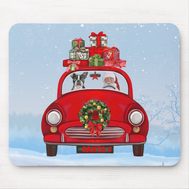 Mousepad Cão Boston Terrier no carro com Papai Noel  (Frente)