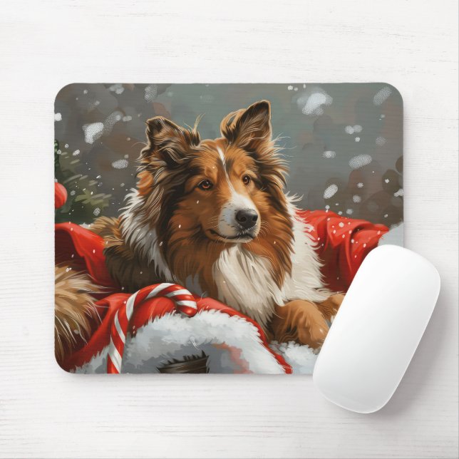 Mousepad Cão Collie Áspero Festa de Natal (Com mouse)