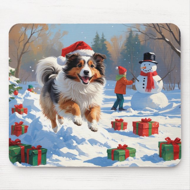 Mousepad Cão de Pastoreia Shetland Correndo na Neve com Cha (Frente)