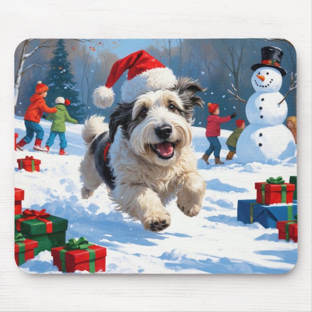 Mousepad Cão de Pastoreio Inglês Antigo Correndo na Neve Ch (Frente)