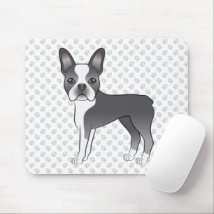 Mousepad Cão e patas de Cartoon Azul e Branco de Boston