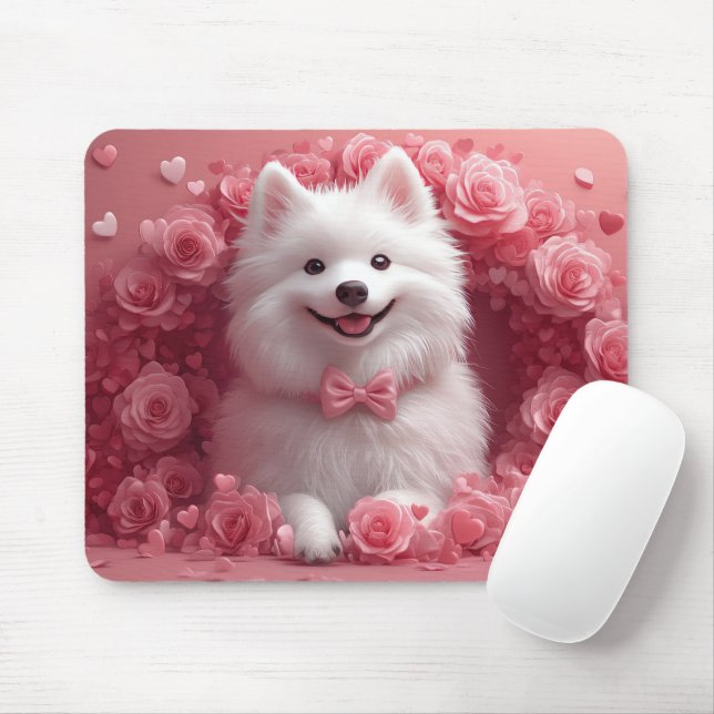 Mousepad Cão Esquimó Americano com Rosas - Dia dos Namorado (Com mouse)