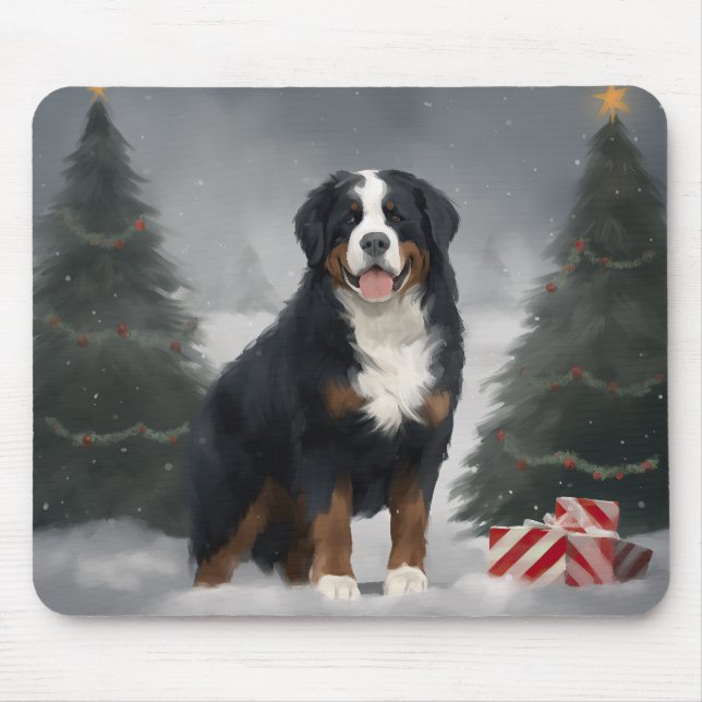 Mousepad Cão Montanha Bernesa na Neve Natal  (Frente)