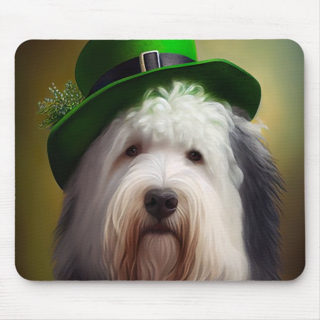 Mousepad Cão Old English Sheepdog vestido para o Dia de São (Frente)