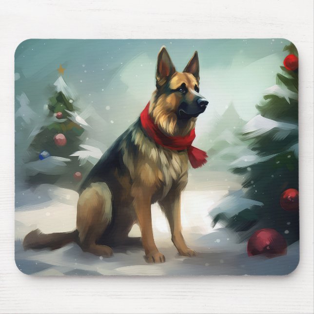 Mousepad Cão Pastor Alemão na Neve de Natal (Frente)