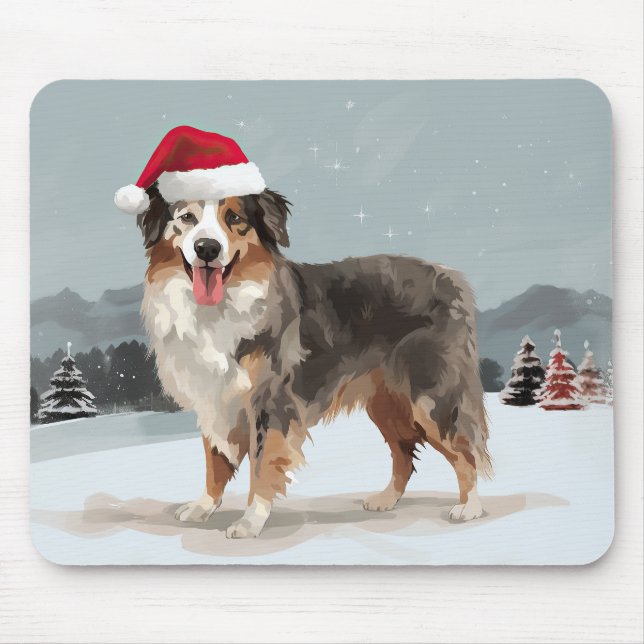 Mousepad Cão Pastor Australiano na Neve de Natal (Frente)