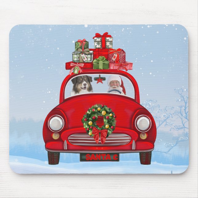 Mousepad Cão pastor australiano no carro com Papai Noel  (Frente)
