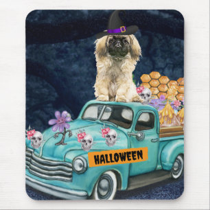 Mousepad Cão Pequinês Caminhão de Halloween Noite Assustado