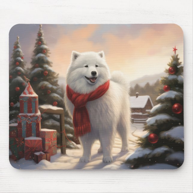 Mousepad Cão Samoyed na Neve Natal  (Frente)