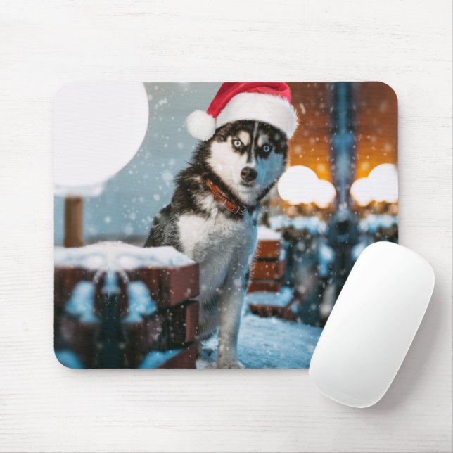 Mousepad Cão Siberiano Husky vestindo chapéu Santa (Com mouse)
