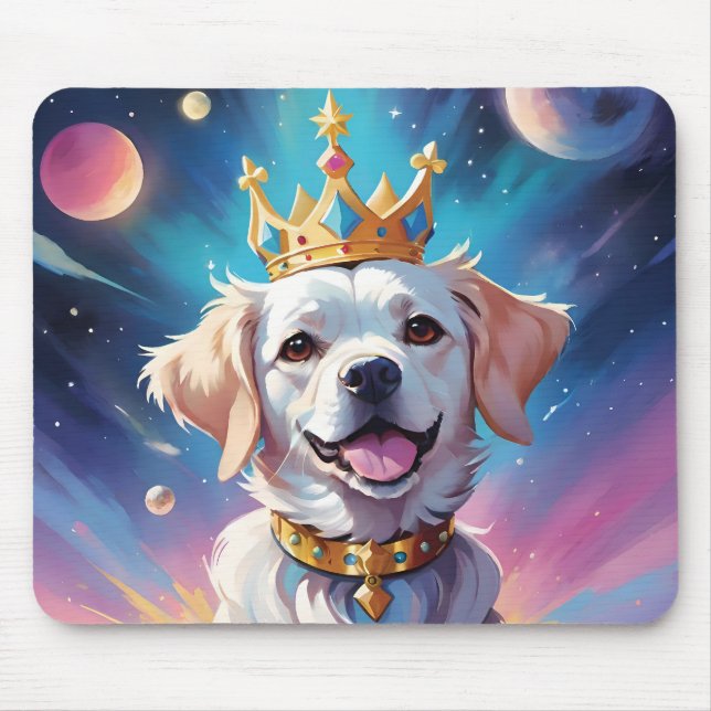 Mousepad Cão vestindo uma coroa no espaço (Frente)