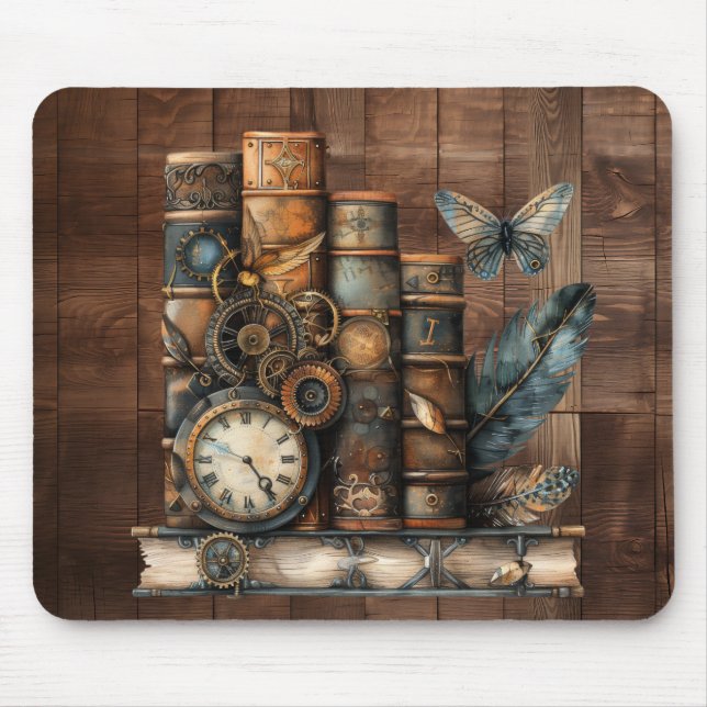 Mousepad Capas de Livros Steampunk em Fundo de Madeira Mous (Frente)