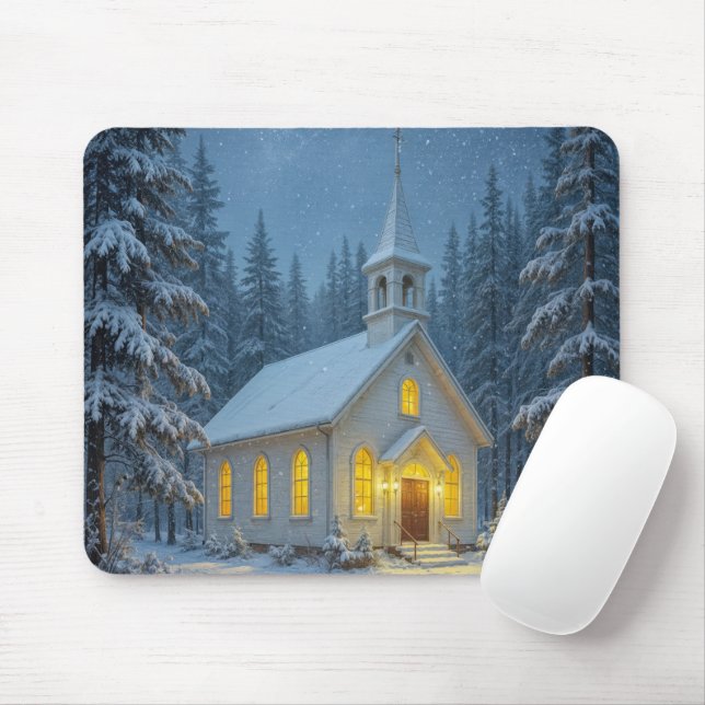 Mousepad Capela do Natal Branco nos Pinheiros de Inverno (Com mouse)