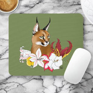Mousepad Caracal Wild Cat Floral Green