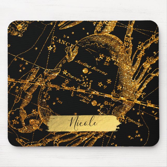 Mousepad Caranguejo de Cancer Dourado Astroógico do Mapa Ce (Frente)