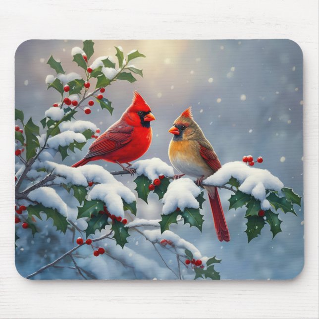 Mousepad Cardeais-vermelhos e Azevinho na Neve (Frente)