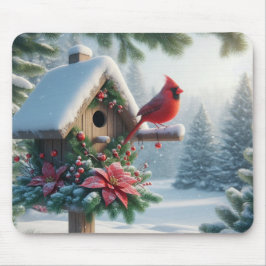 Mousepad Cardeal de inverno em um abrigo festivo