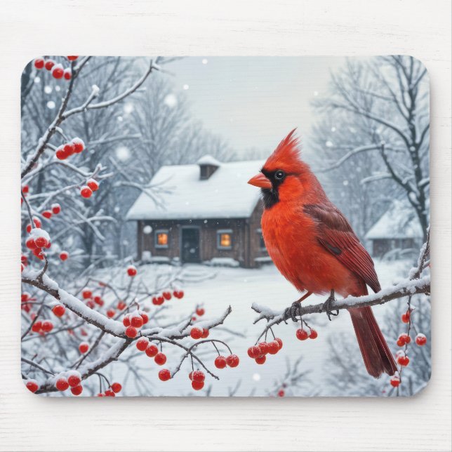 Mousepad Cardeal Vermelho De Inverno No Berry Branch (Frente)