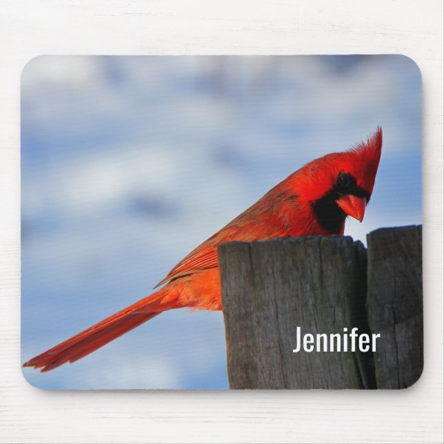Mousepad Cardeal vermelho no coto de madeira personalizado (Frente)