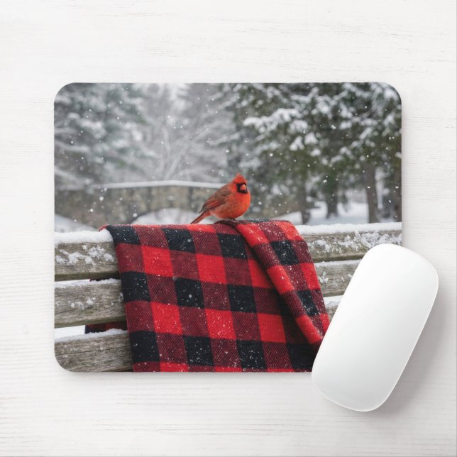 Mousepad Cardinal On a Snowy Plaid Blanket (Com mouse)